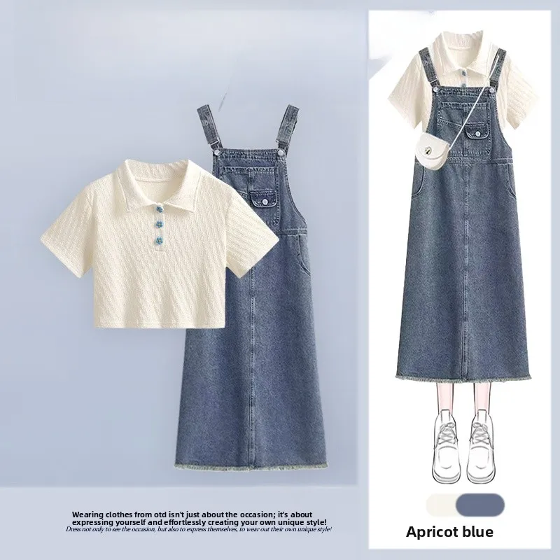 

Summer Anti-Aging Neck Short Sleeve Knitted T-Shirt with Denim Overalls Two-Piece Set Women's College Style Fashion Set