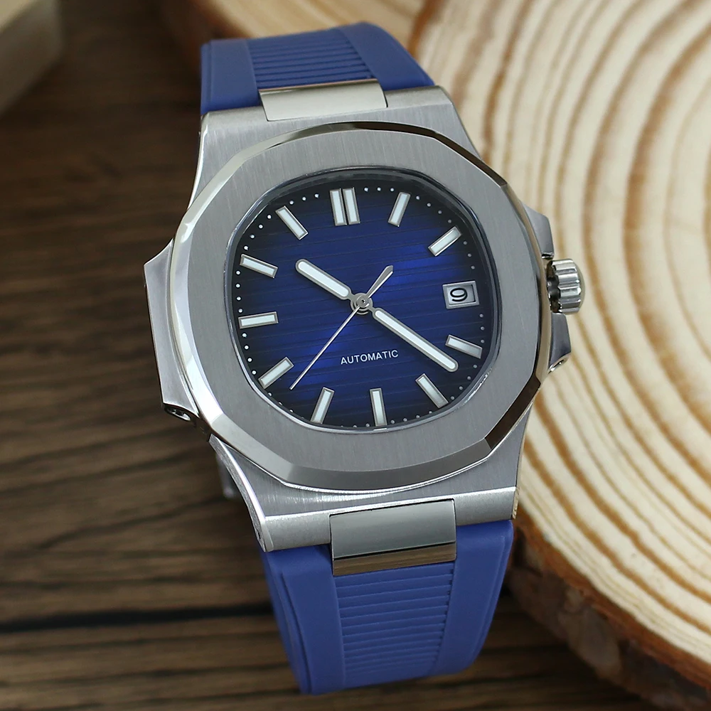 NH35 Movement Assembled Watch Modified Nautilus Model 316L Stainless Steel Case Rubber Strap Luminous Dial