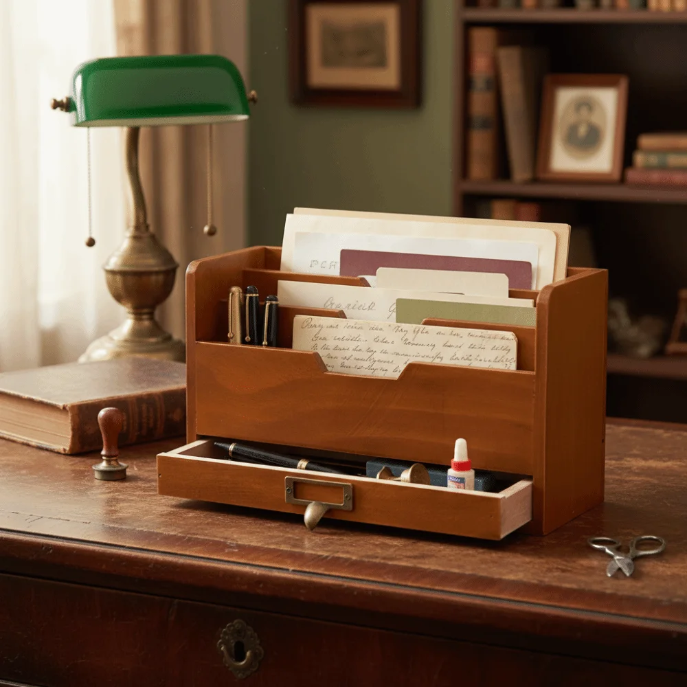 Wood Desktop Drawer Storage Box Vintage Multifunction Wooden Letter Rack Cosmetic Storage Box Home Organization