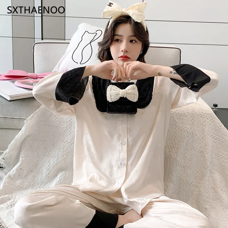 

SXTHAENOO Big Size Homewear Cozy Plus Sleepwear Sexy Bow Princess Pajamas Set Full-Sleeve T-shirt Long Pants 2Piece/Set Pyjama