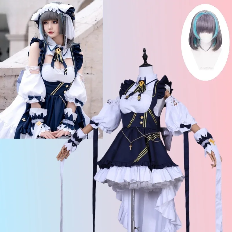 

Anime HMS Cheshire Cosplay Costume Cat Maid Uniform Dress Wig Full Set Heavy cruiser Suit for Women Role Play Outfits