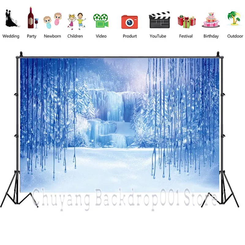 Disney Frozen Winter Backdrop Ice And Snow White World Crystal Pendant Christmas Princess Birthday Party Photography Background