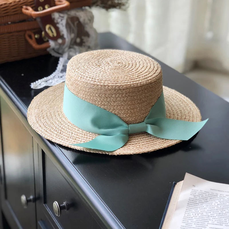 Luna&Dolphin Women Summer French Lace Raffia Straw Hat Green Pink Ribbon Cap Temperament Flat Hepburn Big Eaves Sunhat Vacation