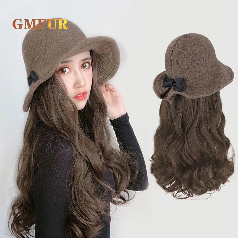 

Long Vacation Hair Women Synthetic Long Wavy Wigs Black Fisherman Hat Fashionable Lady Curls Hair Fashionable Head Sets Cap