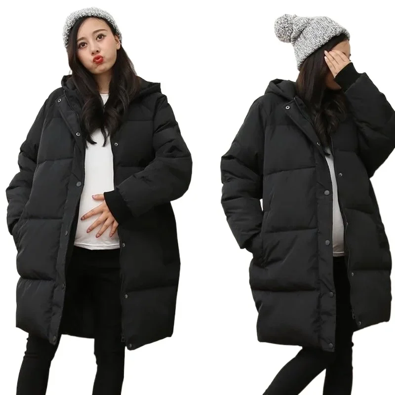 Women Maternity Long Puffer Jacket Windproof Thickened Winter Coat Hooded with Pockets Pregnant Ladies Warm Winter Jacket