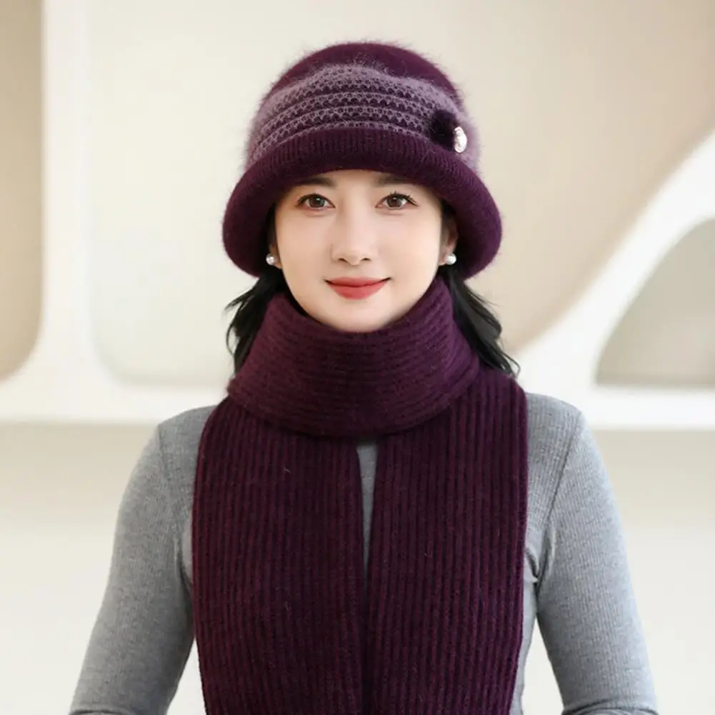 Outdoor Winter Sports Hat Warm Winter Beanie Scarf Gloves Set for Mid-aged Women Thick Knitted Cap Windproof Gloves for Outdoor