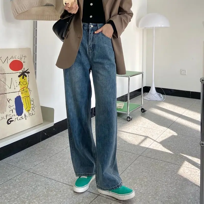 

Spring Autumn New Fashion High Waist Pocket Solid Color Wide Legs Casual Versatile Western Commuting Loose Clothing Women Pants