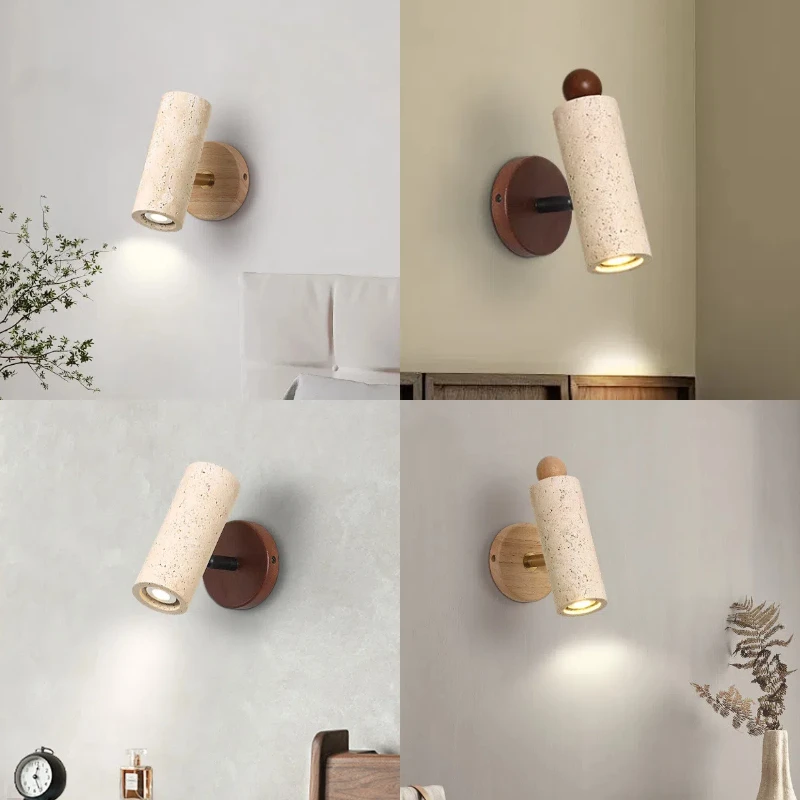 

Wabi-sabi Wall Lamp Natural Stone & Wood LED Wall Light Walnut Bedroom Living Room Decor Yellow Travertine Rotatable Spotlight