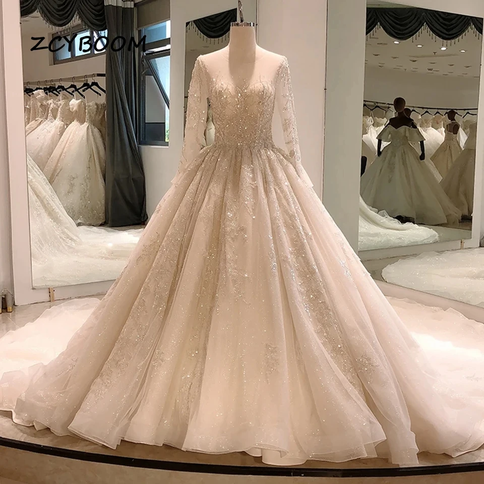 Luxury O-Neck Appliques Sequined Wedding Dress 2024 Chapel Train Tulle Floor-length New Style Ball Gown Bridal Gowns