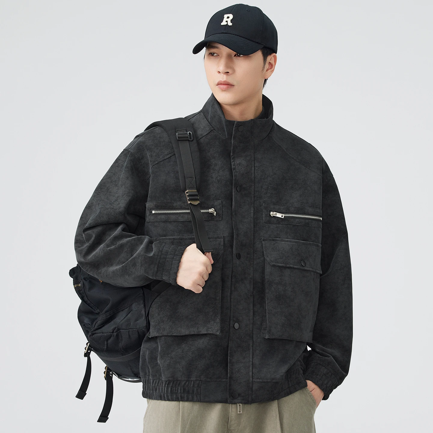 Autumn Stand Collar Motorcycle Jacket Men Fashion Vintage Loose Casual Leather Jacket Women Streetwear Cargo Coat Outerwear