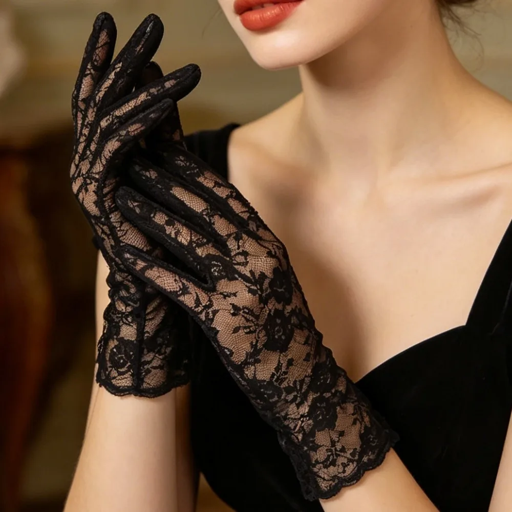 Women Thin Mesh Lace Gloves, Fashion Ruffle Full Finger UV P