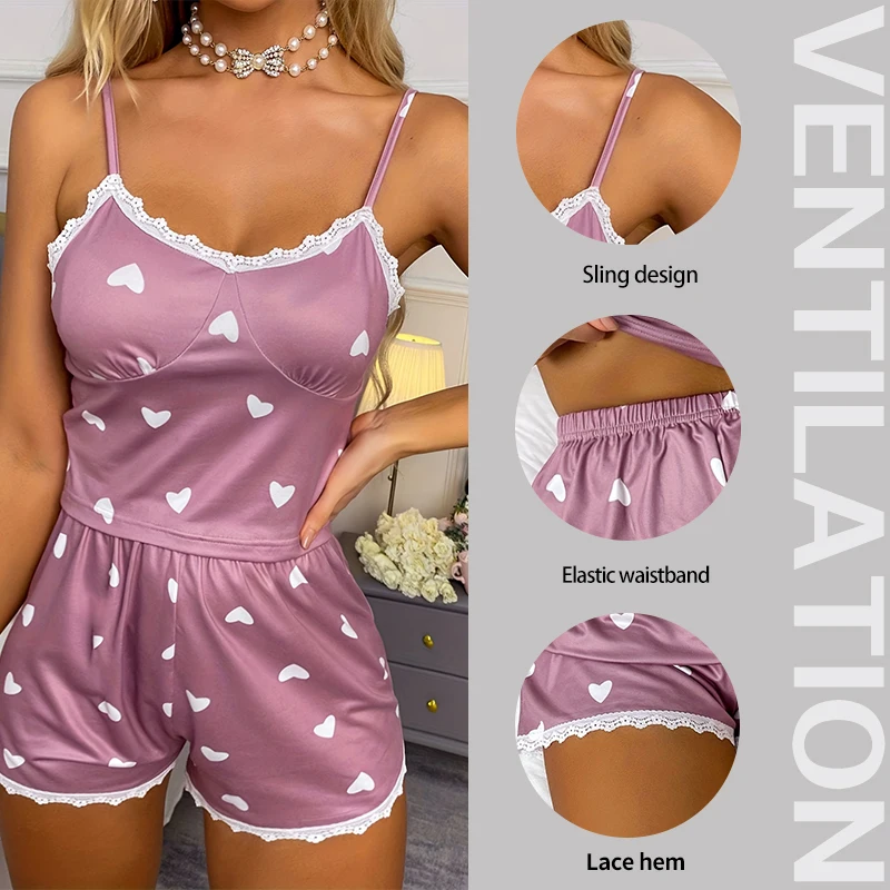 Sexy Two-Piece Pajama Set Heart-Shaped Printed Lace Lace Lace Round Neck Vest Shorts Home Clothing Set