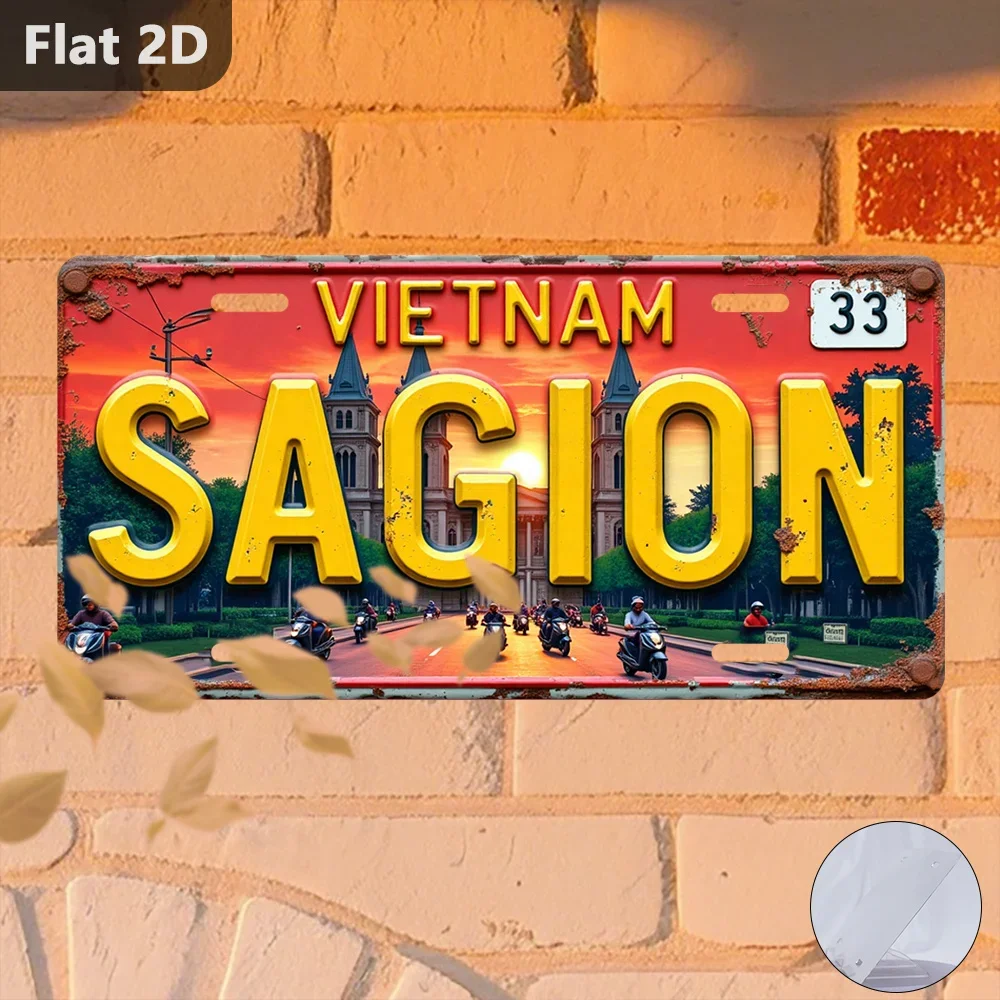 2D Flat, 1pc 2D Flat Poster -Saigon,Vietnam Street Scene License Plate-Vintage 2D Flat Printed Wall Art,Outdoor and Indoor De