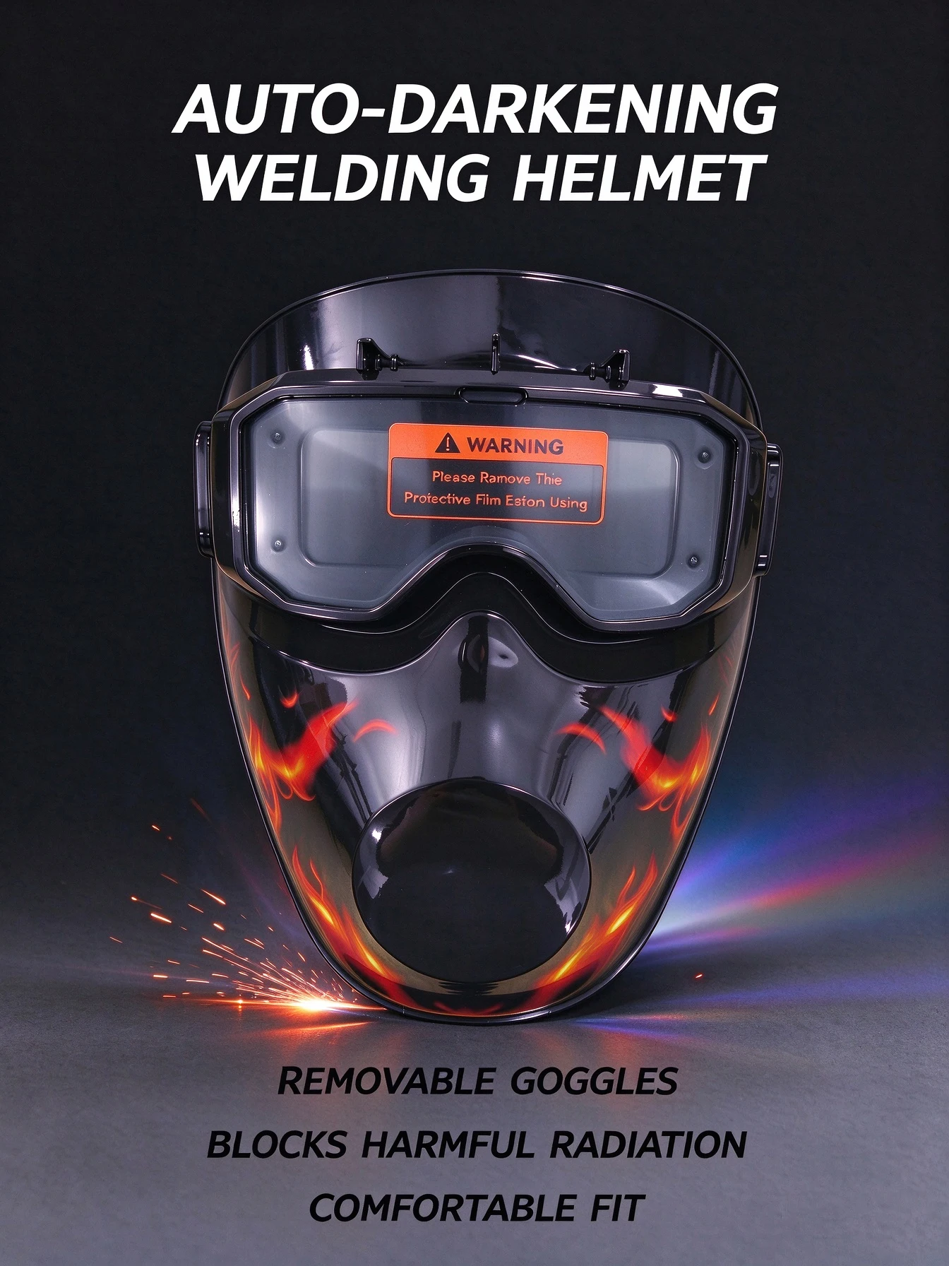 Auto-darkening welding helmet with True Color high-definition lens, clear view. Removable goggles, flexible & easy to use