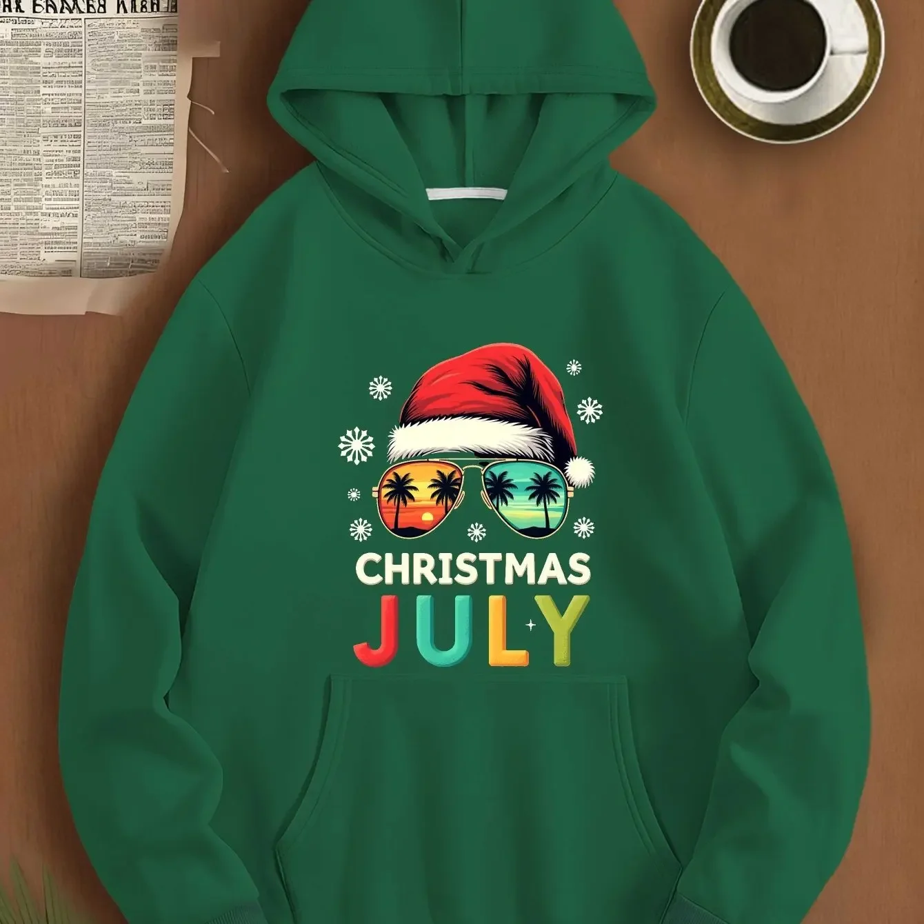 Christmas In July Santa Hat Sunglasses Palm Tree Beach Sunset Snowflake Graphic Print Hoodie Unisex Summer Holiday Sweatshirt