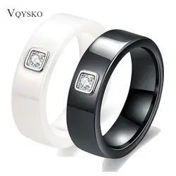 Exquisitos anillos de cerámica para mujer, acero inoxidable, circonita cúbica deslumbrante, anillo de compromiso de boda, joyería de moda, blanco y negro, 6mm