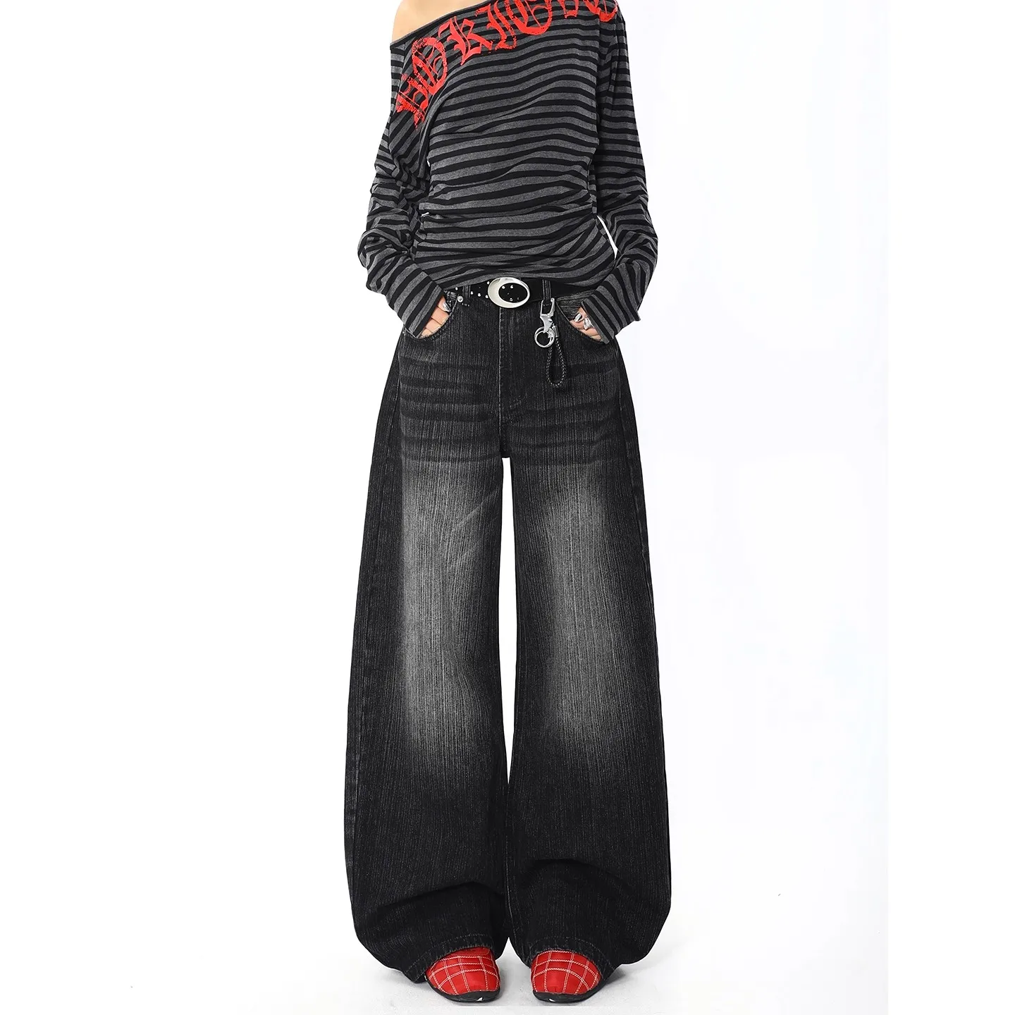 

Черные джинсы в стиле ретро для женщин, широкие брюки для женщин, шикарные мешковатые джинсы с высокой талией Y2K, брюки, уличная одежда