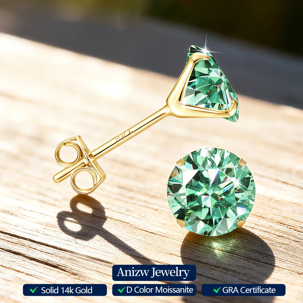 Anziw Real 14K Solid Gold Green Stud Earrings 3mm/4mm/5mm/6mm D Color Round Cut Moissanite Earrings for Women Men Couple Jewelry