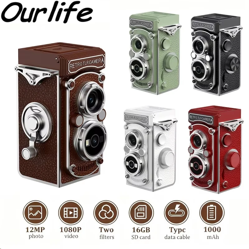Ourlife Retro-Kamera 12MP 1080P Mini Digitalkamera 1,54 Zoll Bildschirm Vintage Vlog Videorekorder Tragbare Fotografiekamera