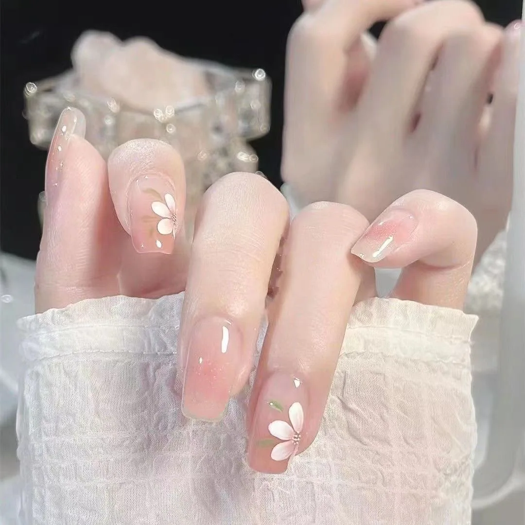 Handmade Watercolor Floral Wearable Nails Medium-Length Gold-Plated Detachable Nail Stickers for Women Fashionable Elegant