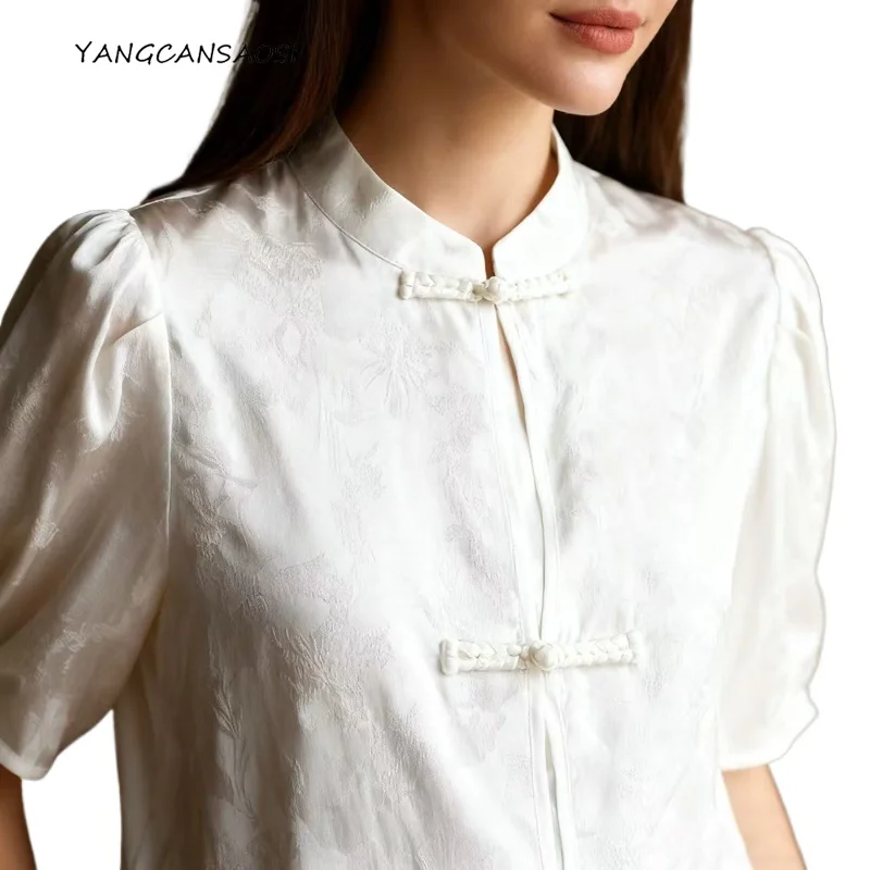

Women's Fashion New 100% Natural Mulberry Silk Jacquard Satin New Chinese Style Buckle White Stand Collar Short Sleeved Shirt