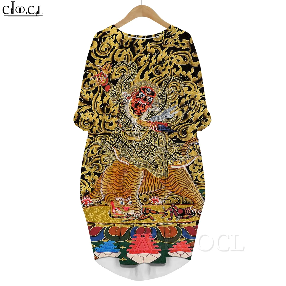 

CLOOCL Printed Dress Zodiac Lively Tiger Retro Painting Pattern Long Sleeves Pocket Dress Loose Evening Dress Aesthetic Clothing