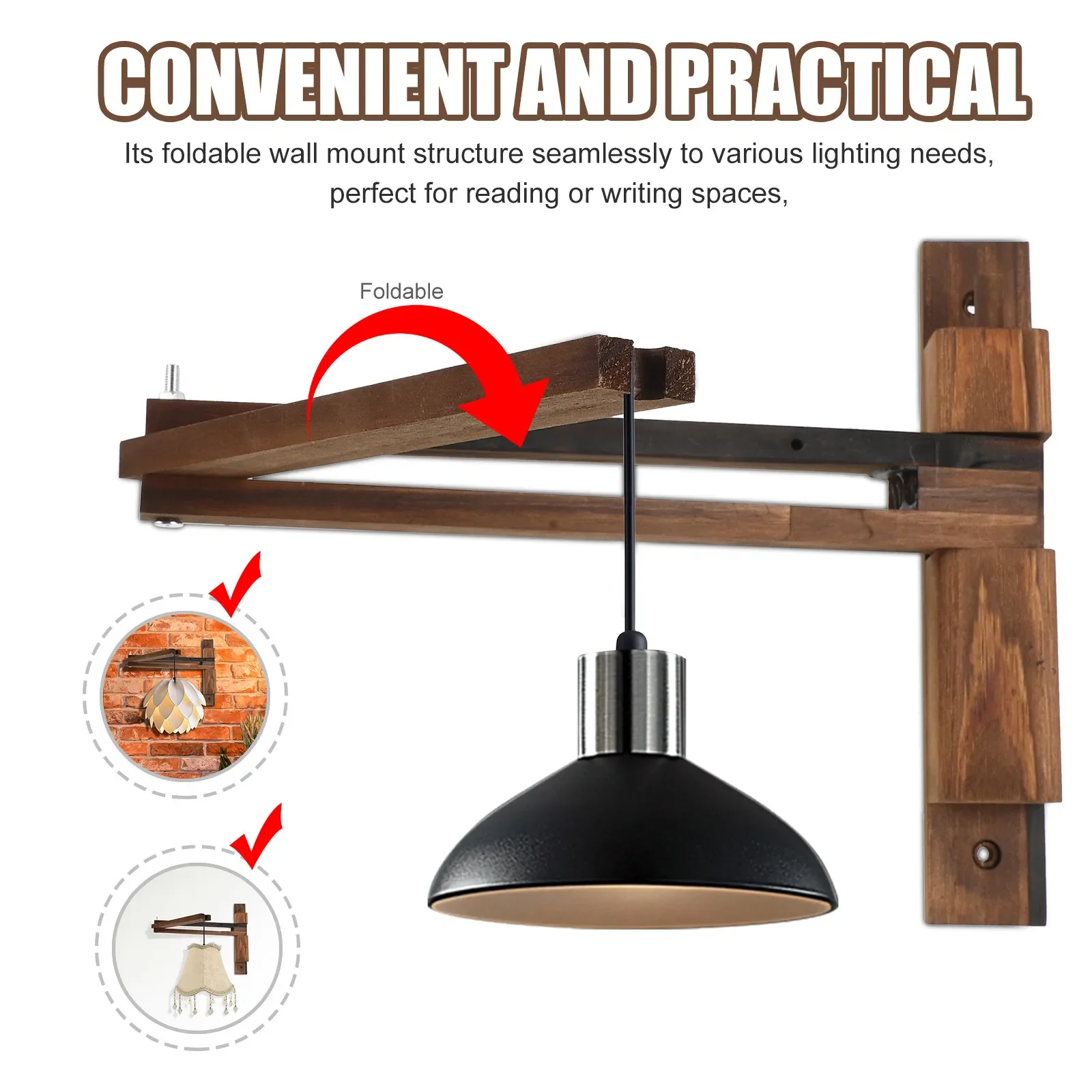 2Pcs Folding Wall Sconce Bracket Wall Mounted Wood Bracket Adjustable Light Holder for Reading Desk Spacesaving Wooden Hanging