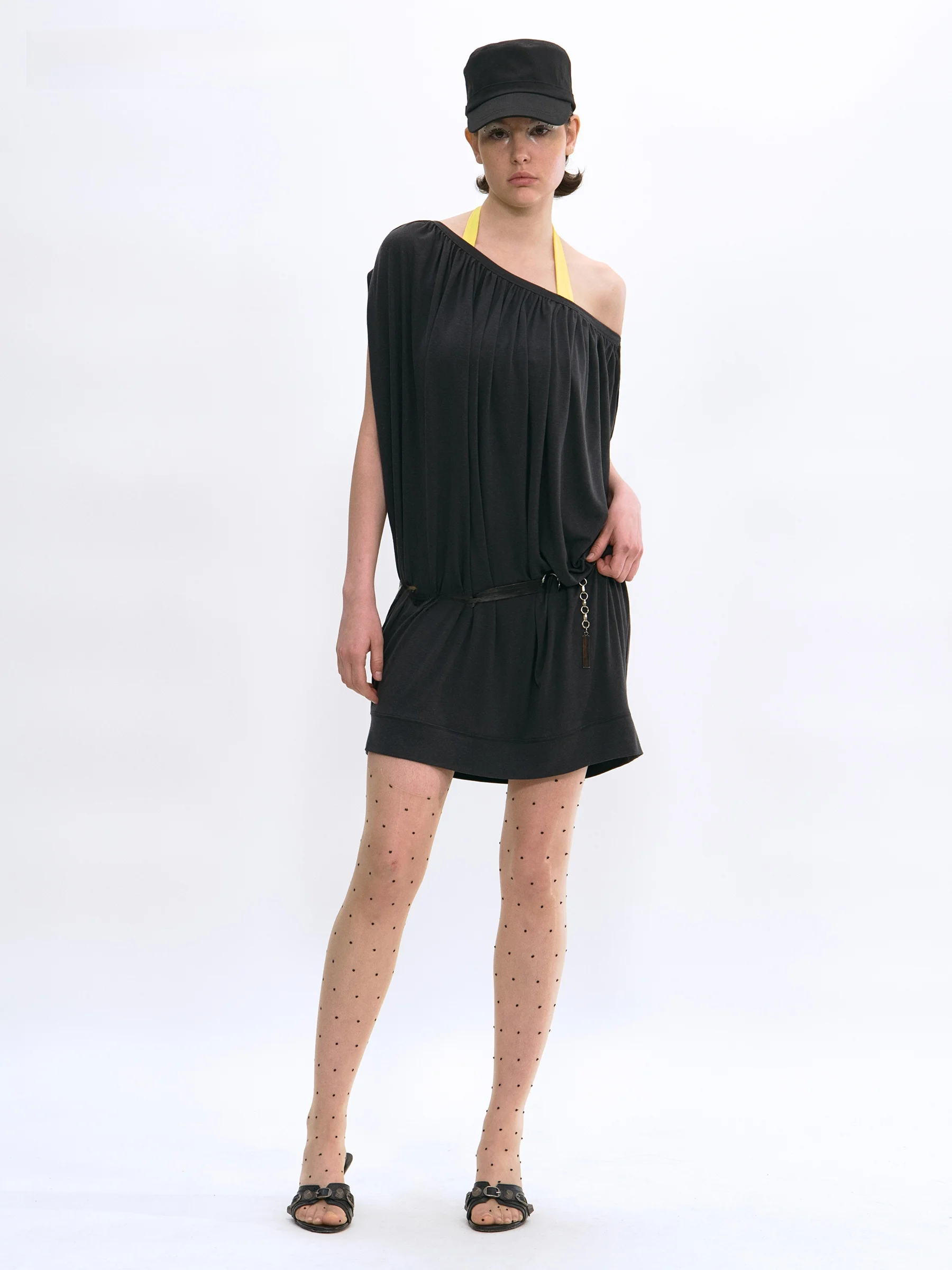 VERMO Adjustable Asymmetrical Shoulder One-Shoulder Long Top Dress  Linen Layered Pleated Midi Dress Women's T-shirt