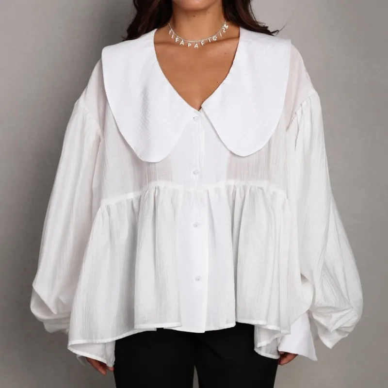 French Casual White Shirt 2025 Autumn Bubble Sleeve Temperament Loose Women's Cardigan Top