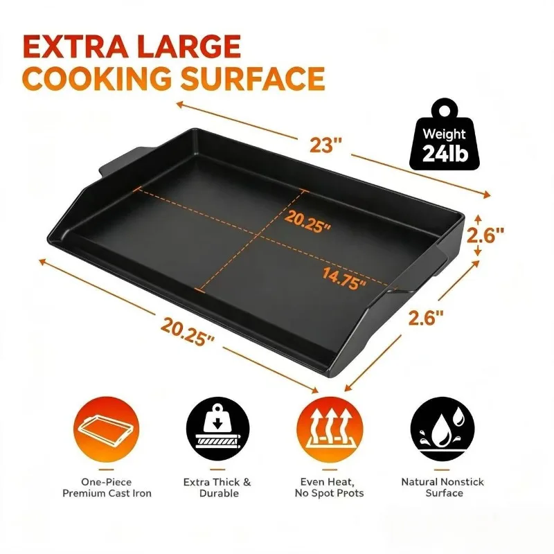 Cast Iron Griddle Pan Outdoor BBQ Flat Skewer Cooking Plate for Gas Grill Backyard Patio Barbecue Cookouts