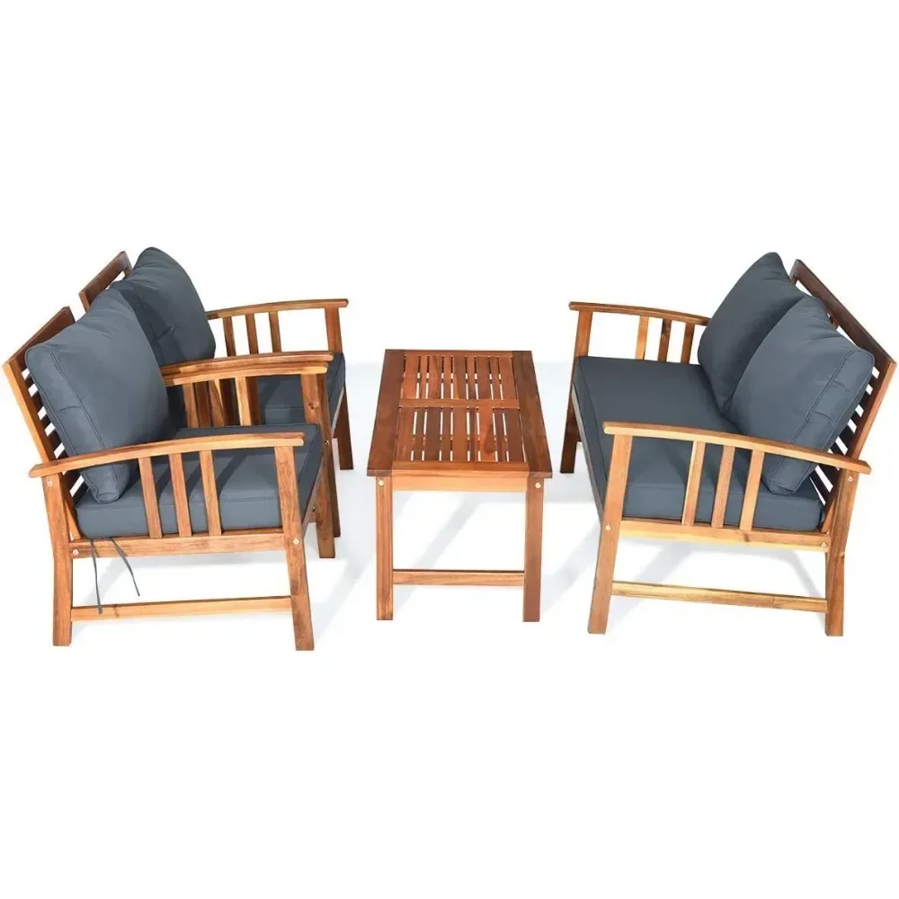 Juego de muebles de madera de Acacia para Patio, juego de Chat de asientos al aire libre con cojines grises y almohada trasera, juego de conversación al aire libre, 4 piezas