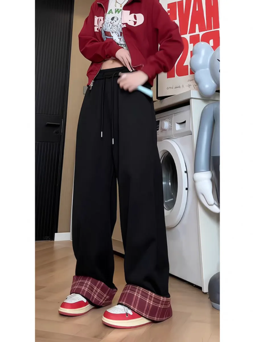 Pantalon de survêtement lourd gris fleur pour femme, polaire épaisse, chaud, à carreaux, jambes larges, ample, Style paresseux, jambes droites, hiver