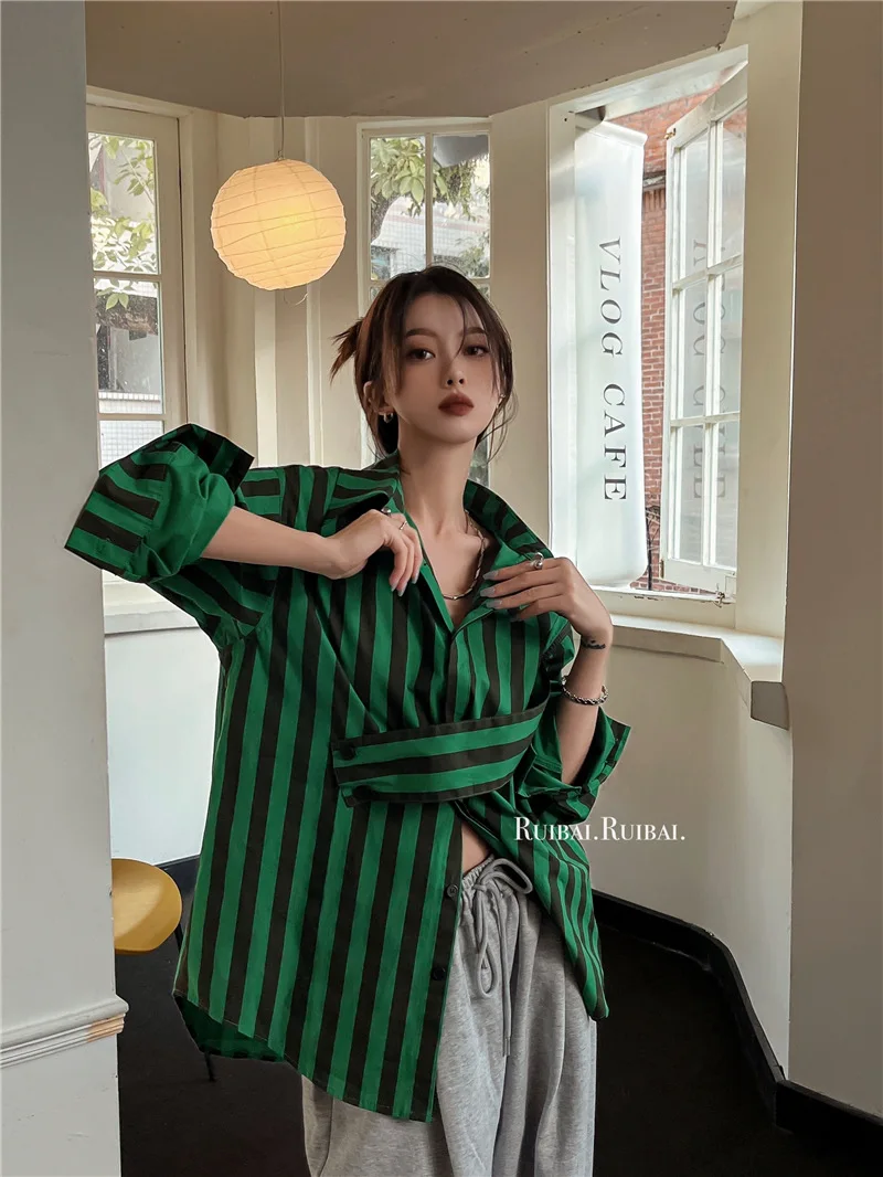 Korean striped shirt with asymmetrical personality, casual and fashionable lapel, loose fitting shirt  blouse  shirts