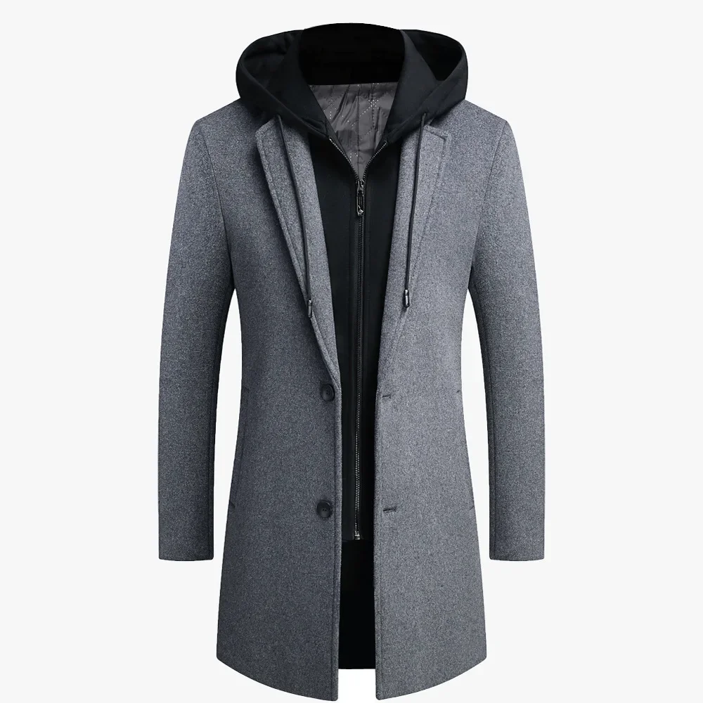 2024 New Men Wool Coat Casual Warm Winter Wool Coat Casual Woolen Coat Mid-length Detachable Hat