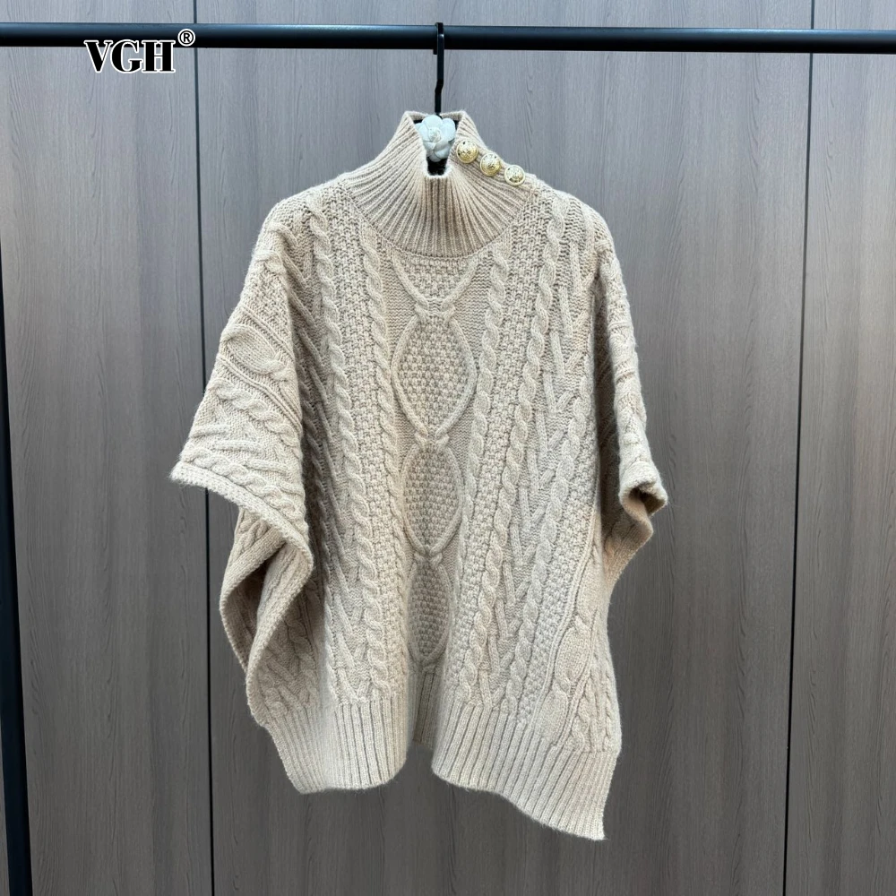 VGH Autumn Spliced Twist Partern Knitwear for Women Turtleneck Shawl Patchwork Metal Button Sleeveless Minimalist Sweater Female