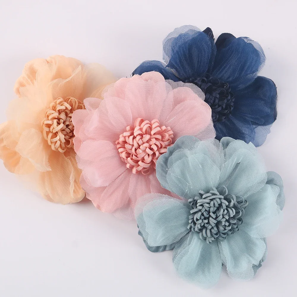 Testa di fiori artificiali con perline in tessuto Chiffon forcina per abiti da sposa accessori per la produzione di fiori di seta