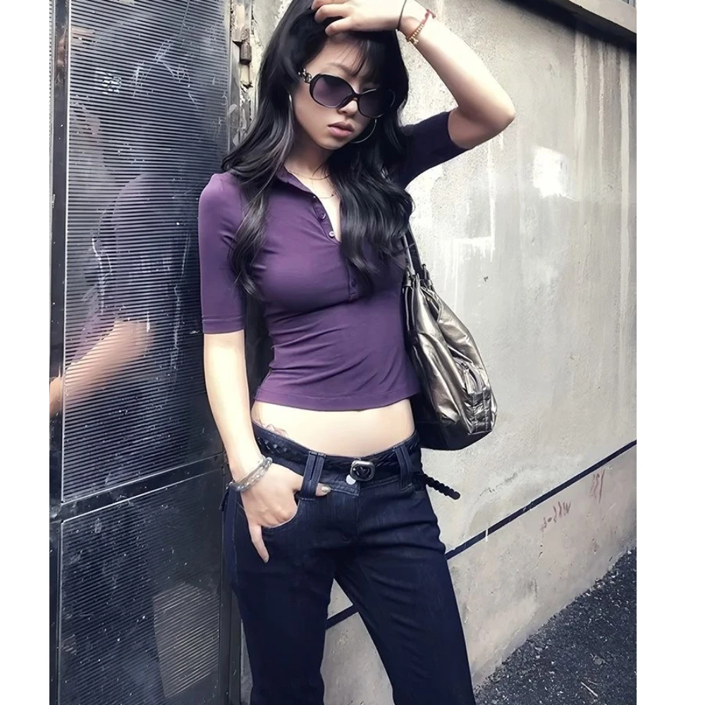 Spicy Women's Slim Fit Polo Collar T-Shirt Short Sleeve Sexy Tight Waist Cinching Navel Exposed Fashion Top