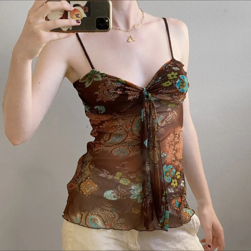 

Retro Women's V-Neck Small Sling Top Contrast Color Printed Slim Fit Lace-Up See-Through European American Style Spring