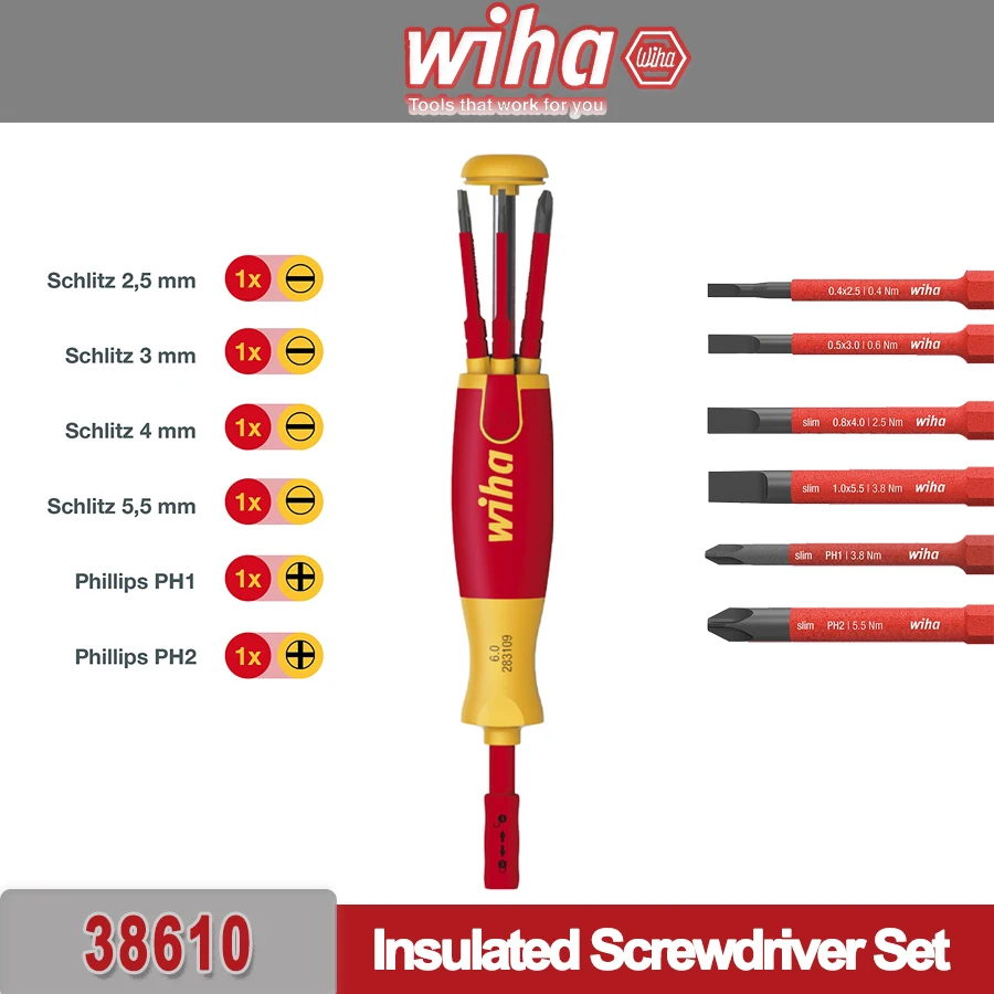 WIHA 6 in 1 Insulated Screwdriver Set with Bit Magazine for Slotted Phlillps Screws 1000V Electrician Tools 38610