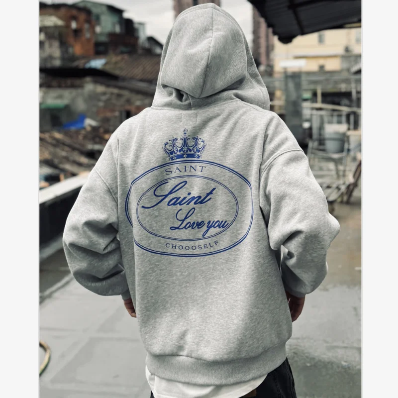 Floral Gray Oversized Street Clothing Zipper Hoodie Outerwear Saint Best Quality Letters Printed Hip Hop Casual Coat Sweatshirt