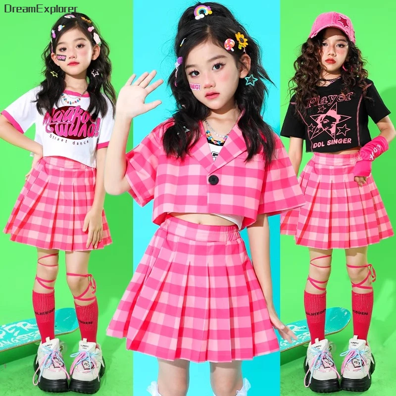 Girls Hip Hop Short Shirt Summer Jacket Plaid Skirts Kids Crop Top Street Dance Jazz Costumes Children Streetwear Clothes Sets