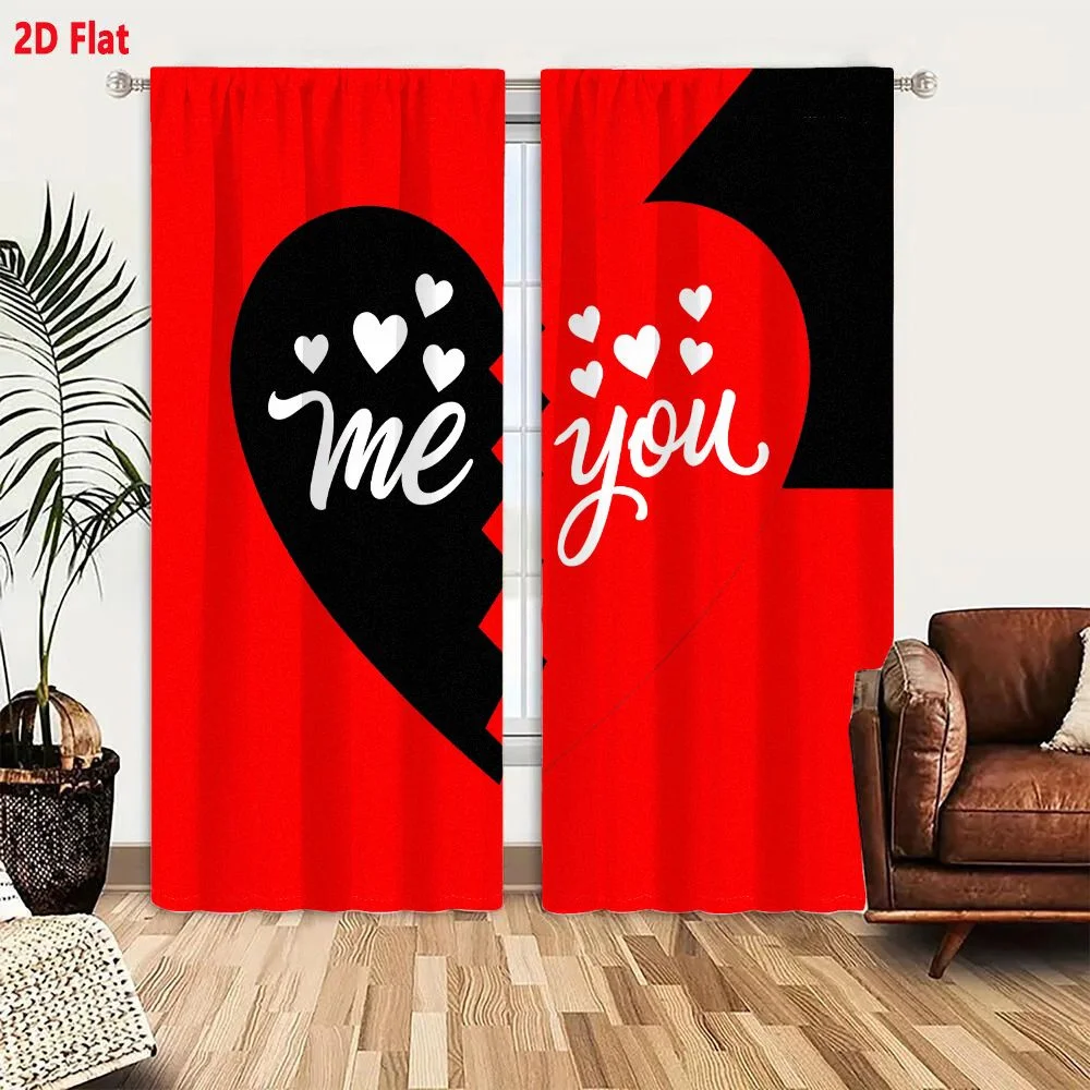 2Pcs Curtains 2D Flat Red Black Split Heart Design With Me And You In White Cursive Font And Small White Hearts Symbolizing Sepa