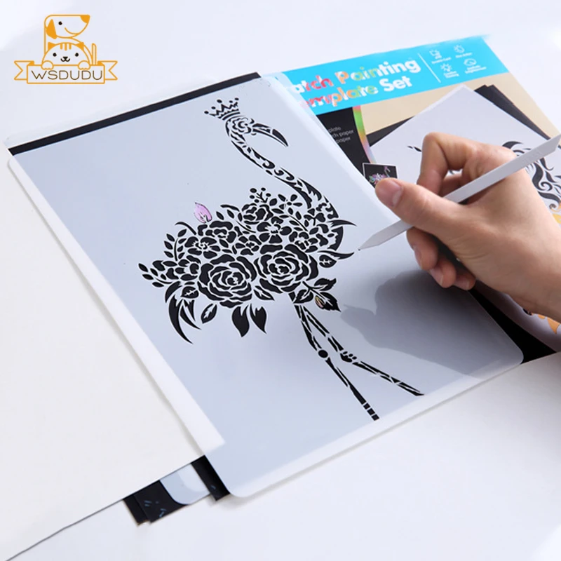 10PCS Scratch Paper and 5PCS Animal Building Stencil Magic Template Art Painting Game Drawing Card Toy DIY Crafts Children Gifts