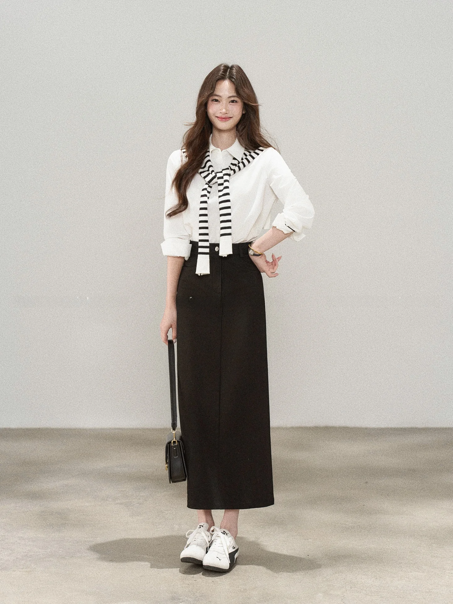 

Spring High Waist Slimming Striped irt Skirt Set Women's Commute Long Skirt Casual Sle Knot Zipper Closure