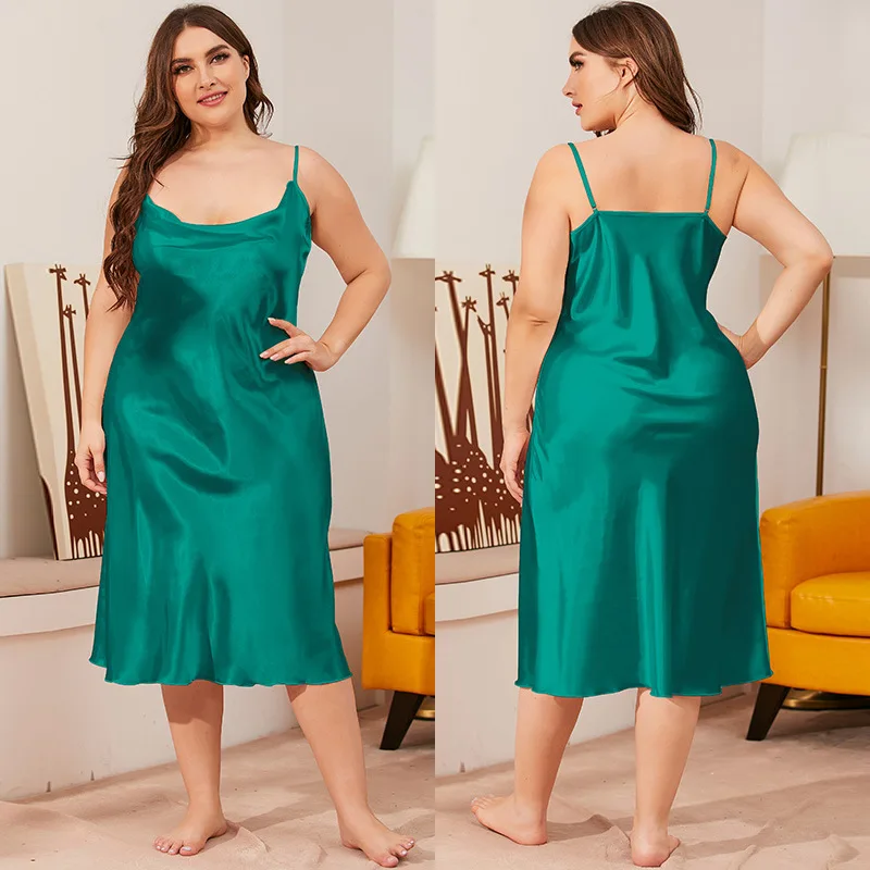 Sexy Women Plus Size Spaghetti Strap Nightgown Summer Satin Solid Home Wear Loose Intimate Lingerie Nightwear Chemise Nightdress