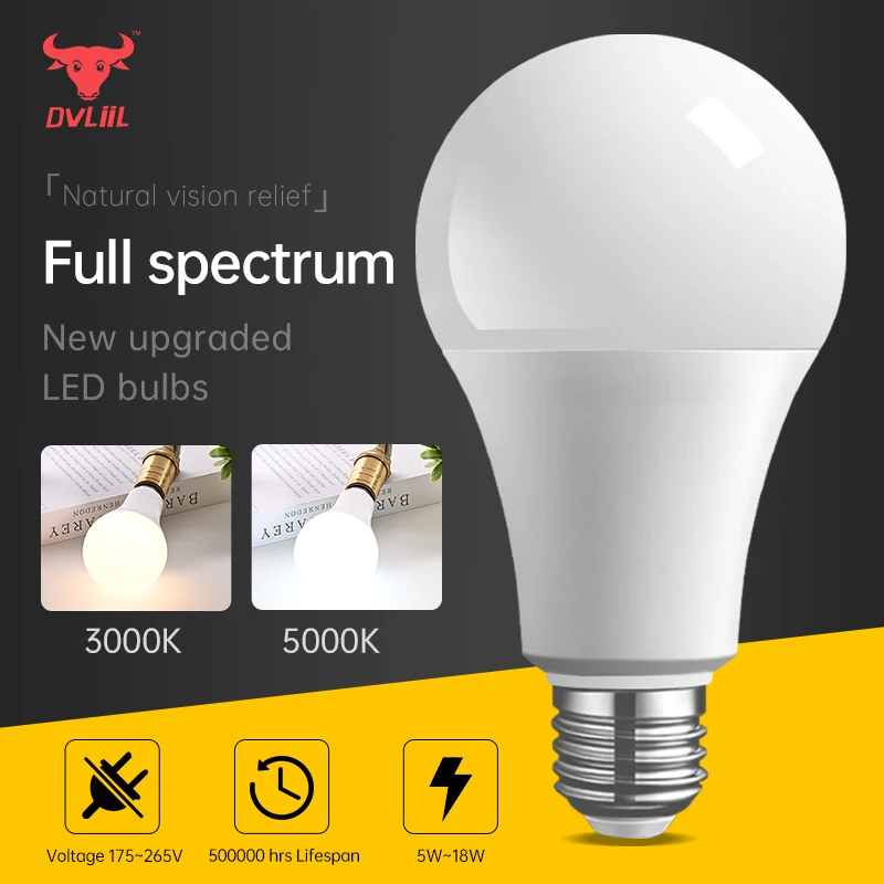 LED Full Spectrum Bulb E27 5W 7W 12W 15W 18W Led Bulb  no flickering warm white light to adapt to the study Eye protection bulb