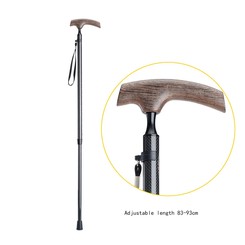 Bastón de fibra de carbono con mango de madera de wengué, fuerte dureza, longitud ajustable para personas mayores, Base de goma