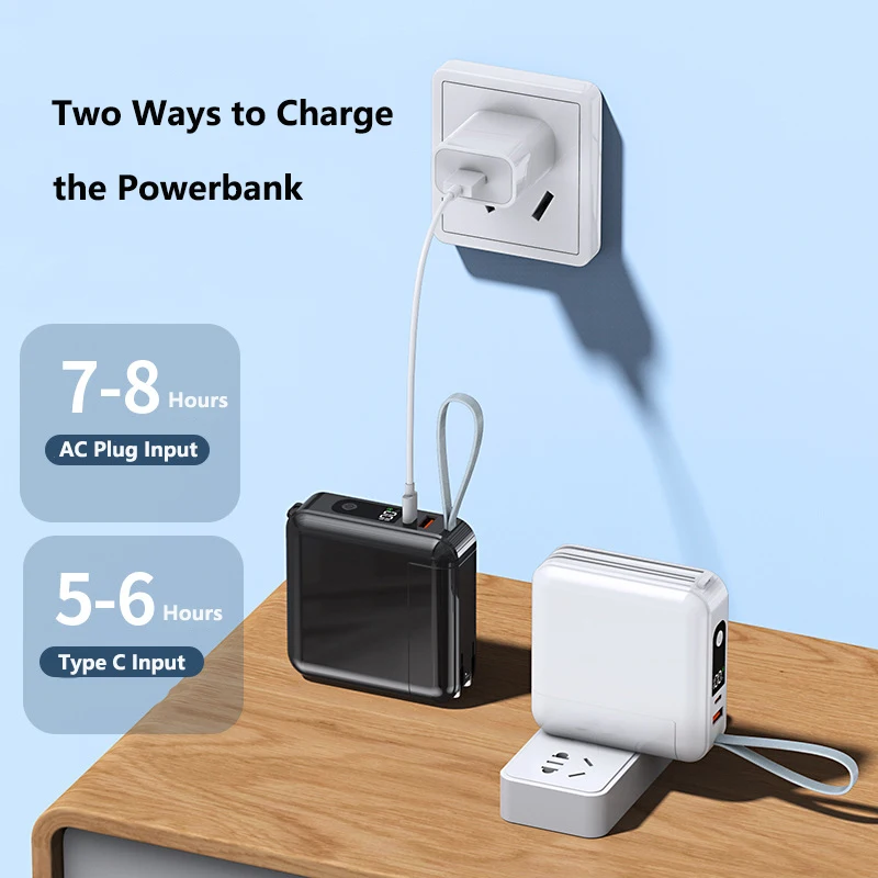 30000mAhモバイルバッテリー、取り外し可能なケーブルとACプラグ付き、22.5W急速充電、iPhone 16、Samsung S25、Huawei、Xiaomi対応