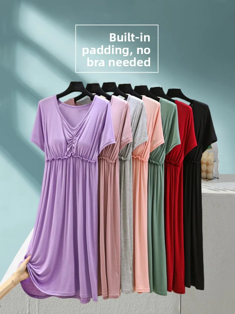 Loose Modal Sleep Dress for Women with Chest Pad Mid-Length Summer Short Sleeve Home Clothes Maternity Casual V-Neck Dress