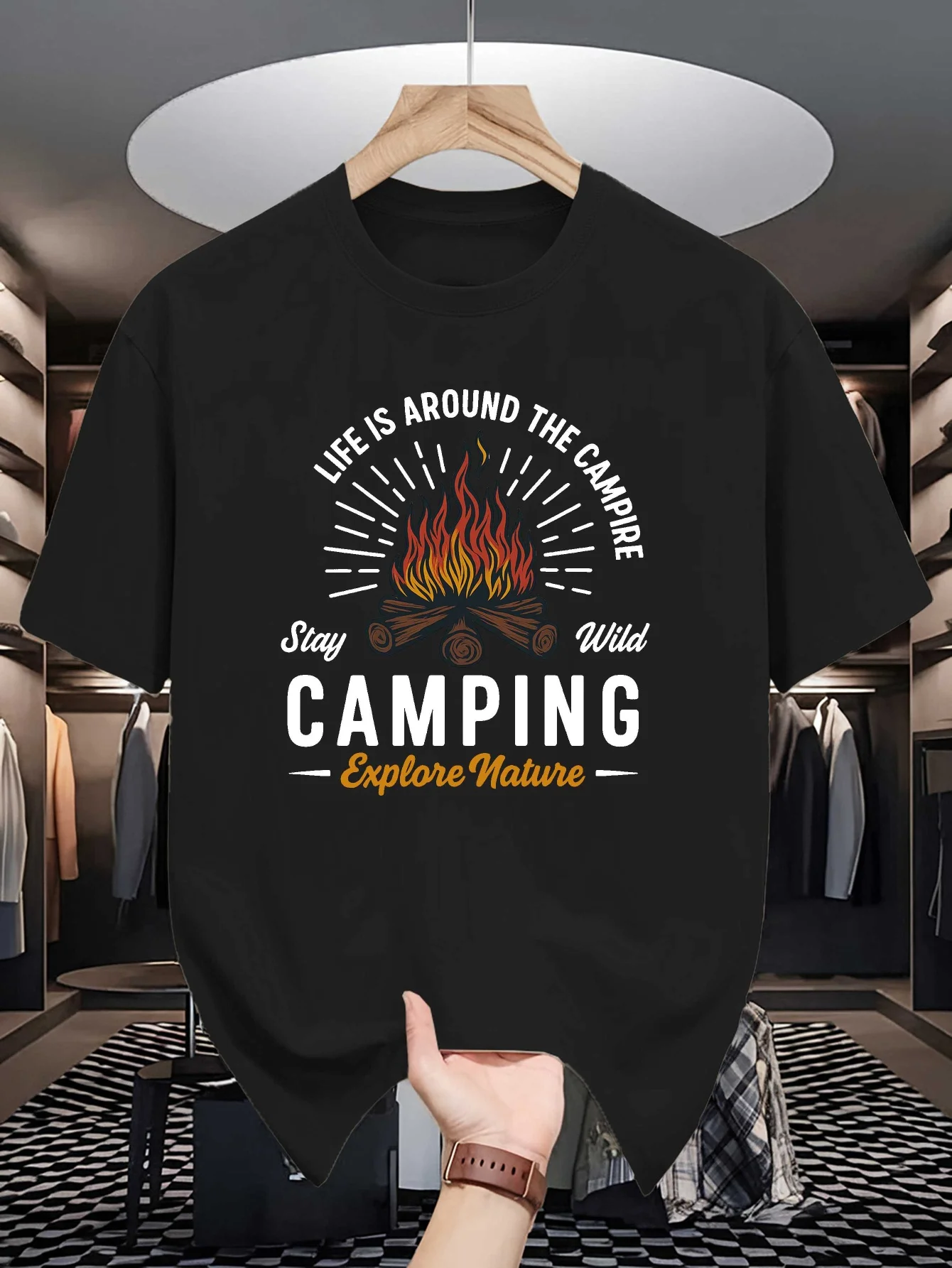 Mens Crew Neck Tee Campfire Graphic Print T Shirt Stay Wild Camping Explore Nature Casual Tops Outdoor Camp Lover Gift Camp Fan